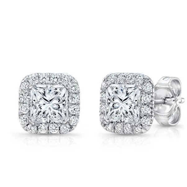 Earrings GB 232 Carats Princess And Round Halo Natural Earth Mined Diamond Stud Earring White Gold
