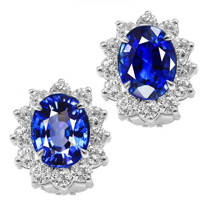 Earrings GB 6 Ct Blue Oval Sapphire Round Natural Earth Mined Diamond Cluster Earring Earrings GB 6 Ct Blue Oval Sapphire Round Natural Earth Mined Diamond Cluster Earring