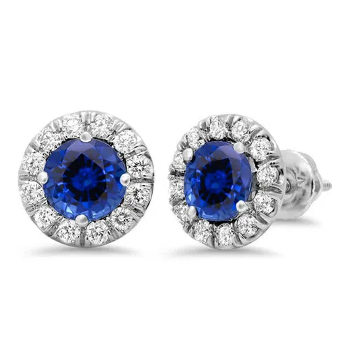 Earrings Round Sapphire Natural Earth Mined Diamond Halo Stud Earring 3 Carat White Gold 14K GB