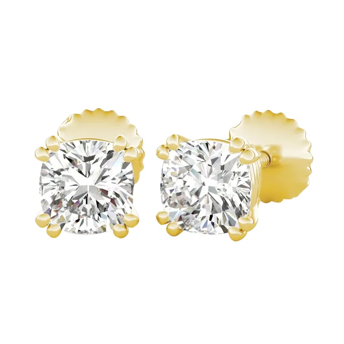 GB 1 Carat Cushion Cut Double Prong Set Natural Earth Mined Diamond Stud Earring Yellow Gold Earrings
