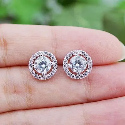 GB Earrings 2 Carats 14K White Gold Round Natural Earth Mined Diamond Stud Halo Earring
