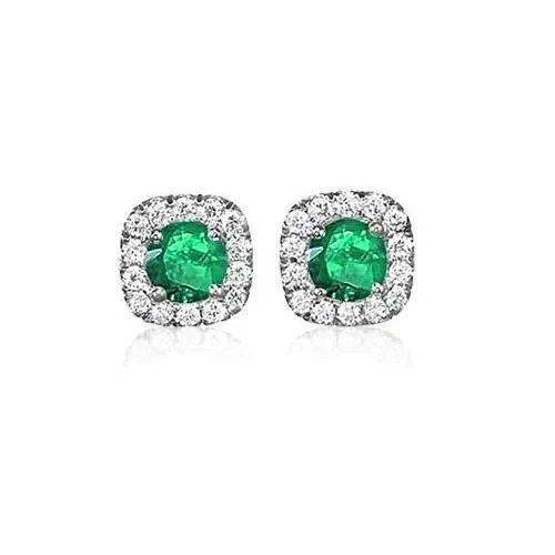 GB Earrings Round Cut 7 Carats Green Emerald And Natural Earth Mined Diamond Stud Earrings White Gold 14K