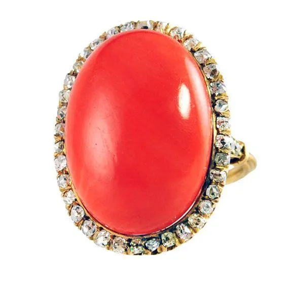 GB Oval Cut Red Coral And Round Natural Earth Mined Diamonds 14 Ct Ring Yellow Gold 14K Rings GB Oval Cut Red Coral And Round Natural Earth Mined Diamonds 14 Ct Ring Yellow Gold 14K Rings