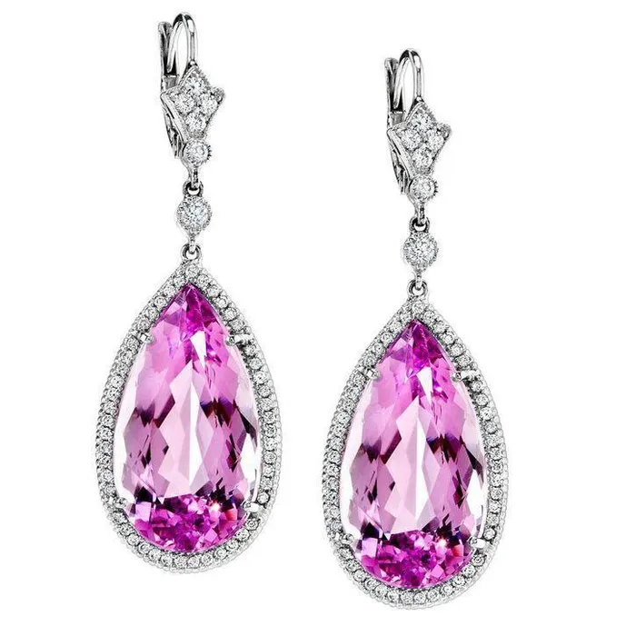 GB Pear Cut Pink Kunzite And Natural Earth Mined Diamond Dangle Earring 51 Carats Gold 14K Earrings GB Pear Cut Pink Kunzite And Natural Earth Mined Diamond Dangle Earring 51 Carats Gold 14K Earrings
