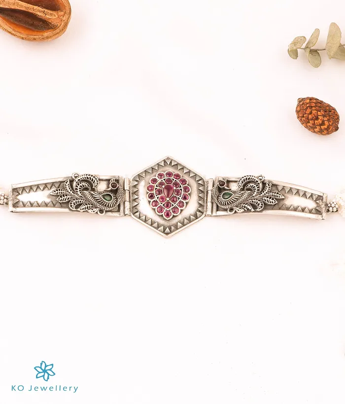 Jaipur The Anaya Silver Antique Peacock Choker Necklace Necklaces