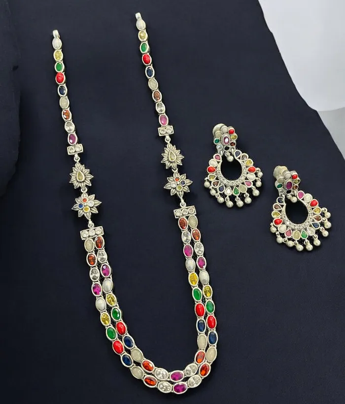Necklaces Silversmith The Meghana Silver Navaratna Necklace2 LayersOxidised Necklaces Silversmith The Meghana Silver Navaratna Necklace2 LayersOxidised