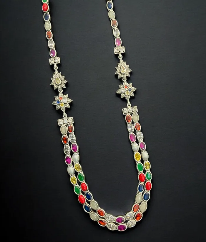 Necklaces Silversmith The Meghana Silver Navaratna Necklace2 LayersOxidised