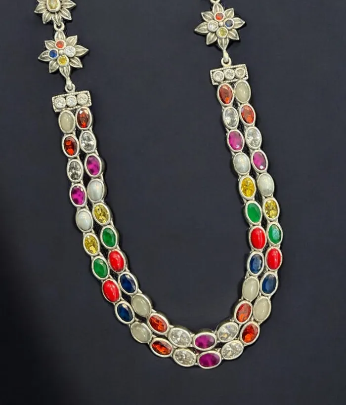 Necklaces Silversmith The Meghana Silver Navaratna Necklace2 LayersOxidised