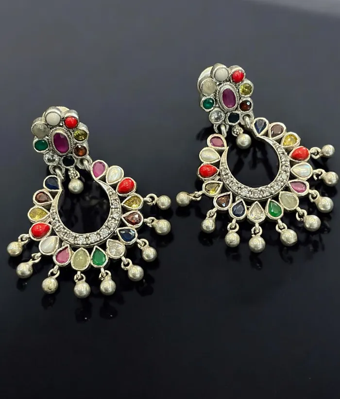 Necklaces Silversmith The Meghana Silver Navaratna Necklace2 LayersOxidised