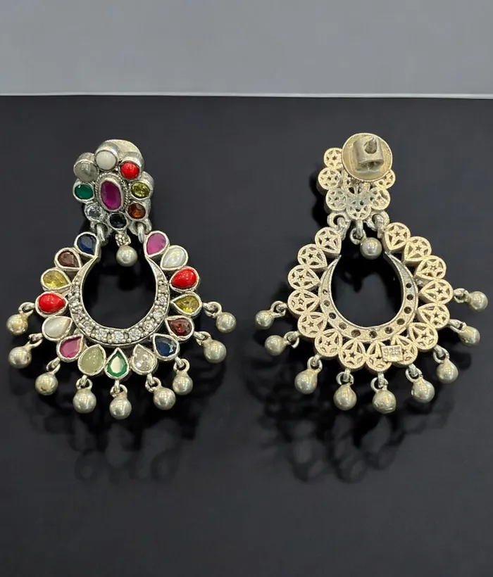 Necklaces Silversmith The Meghana Silver Navaratna Necklace2 LayersOxidised