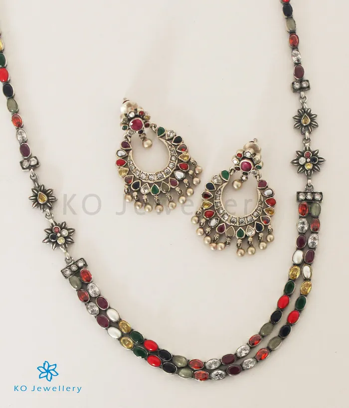 Necklaces Silversmith The Meghana Silver Navaratna Necklace2 LayersOxidised