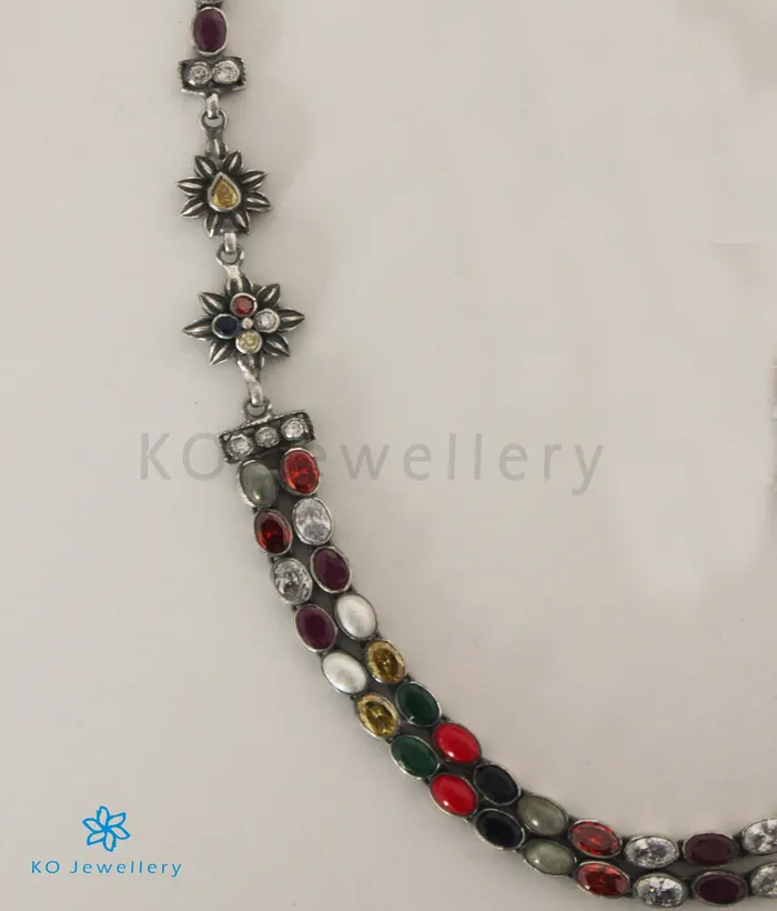 Necklaces Silversmith The Meghana Silver Navaratna Necklace2 LayersOxidised