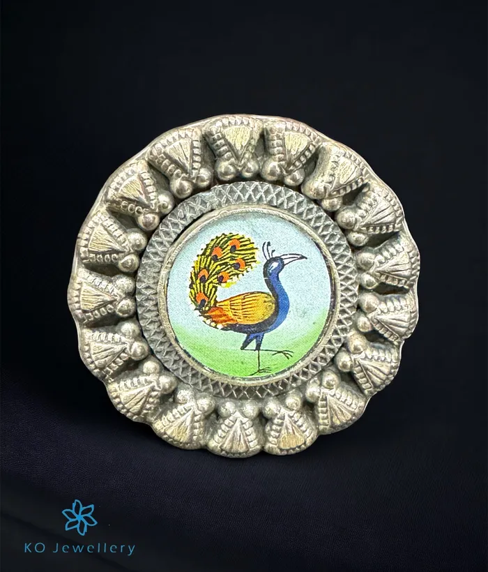 Rings Jaipur The Hritvi Silver Handpainted Peacock Open Finger Ring