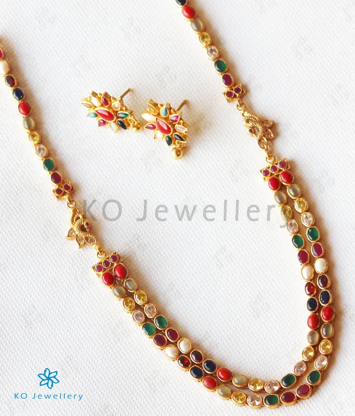 The Dyut Silver Navaratna Peacock Necklace2 Layers Silversmith Necklaces