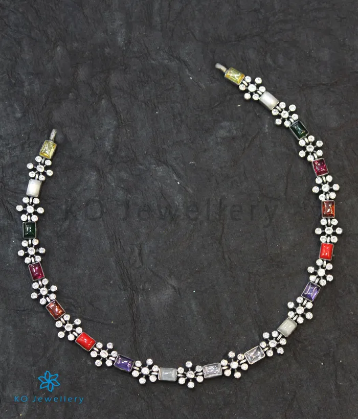The Yajata Silver Navratna Necklace SquareOxidised Silversmith Necklaces