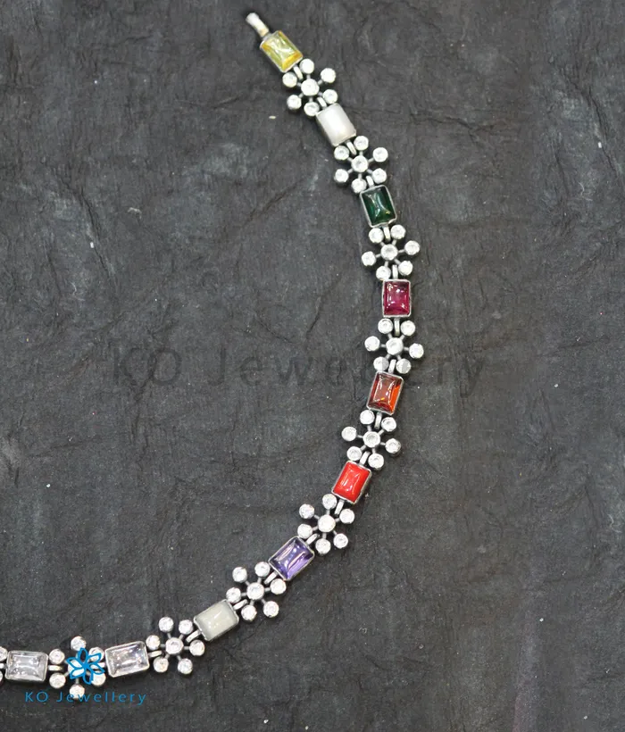 The Yajata Silver Navratna Necklace SquareOxidised Silversmith Necklaces