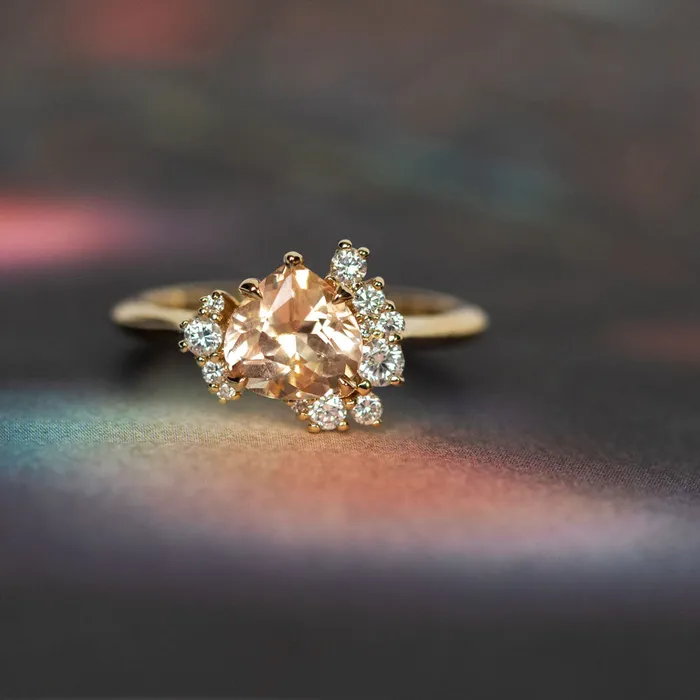164ct Peach Sapphire and Asymmetrical Diamond Cluster Ring in 14k Yellow Gold Anueva Jewelry Rings