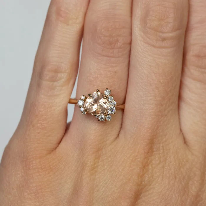 164ct Peach Sapphire and Asymmetrical Diamond Cluster Ring in 14k Yellow Gold Anueva Jewelry Rings