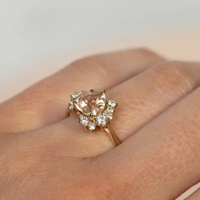 164ct Peach Sapphire and Asymmetrical Diamond Cluster Ring in 14k Yellow Gold Anueva Jewelry Rings