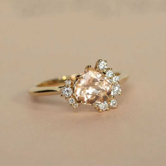 164ct Peach Sapphire and Asymmetrical Diamond Cluster Ring in 14k Yellow Gold Anueva Jewelry Rings