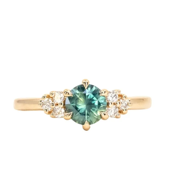 Anueva Jewelry Rings 087ct Round Teal Blue Montana Sapphire and Diamond Cluster Ring in 18k Yellow Gold