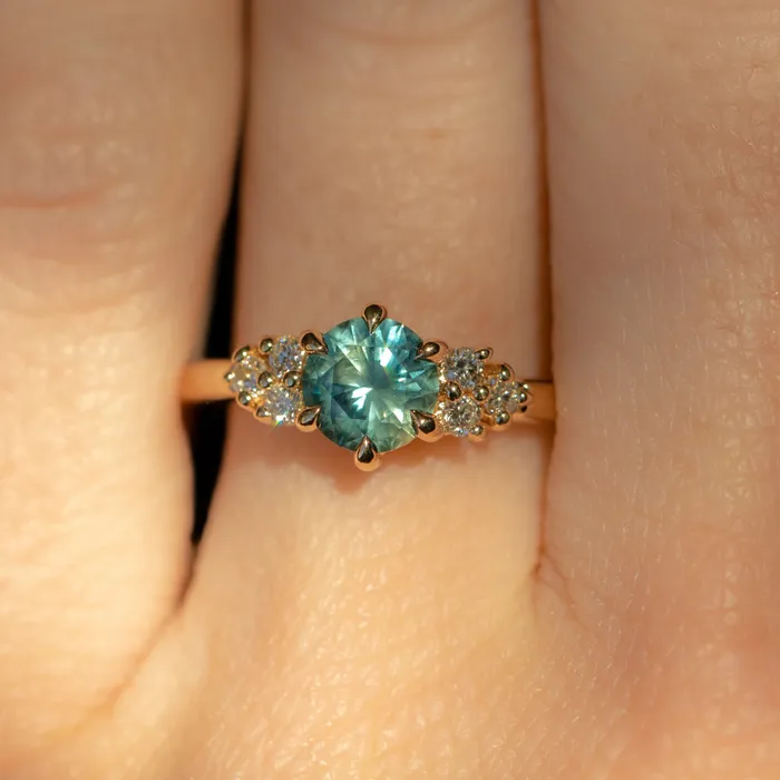 Anueva Jewelry Rings 087ct Round Teal Blue Montana Sapphire and Diamond Cluster Ring in 18k Yellow Gold