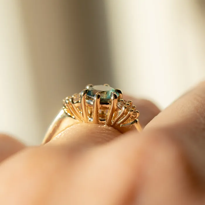Anueva Jewelry Rings 087ct Round Teal Blue Montana Sapphire and Diamond Cluster Ring in 18k Yellow Gold