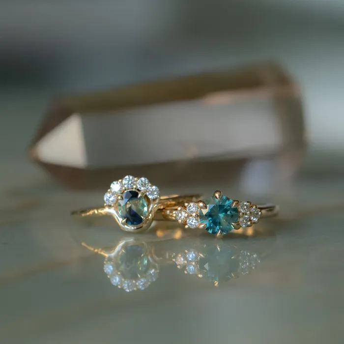 Anueva Jewelry Rings 087ct Round Teal Blue Montana Sapphire and Diamond Cluster Ring in 18k Yellow Gold