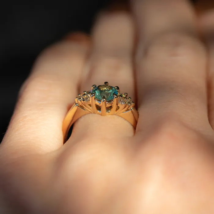 Anueva Jewelry Rings 087ct Round Teal Blue Montana Sapphire and Diamond Cluster Ring in 18k Yellow Gold