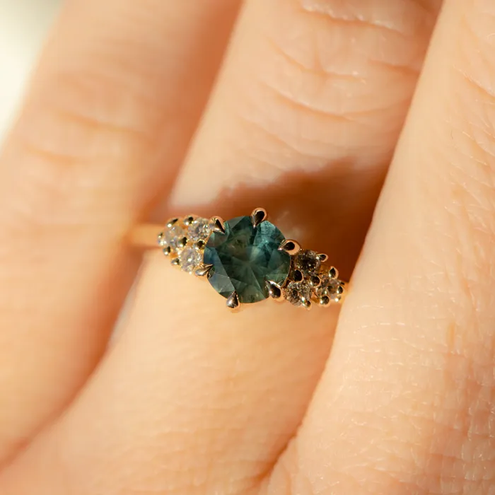 Anueva Jewelry Rings 087ct Round Teal Blue Montana Sapphire and Diamond Cluster Ring in 18k Yellow Gold