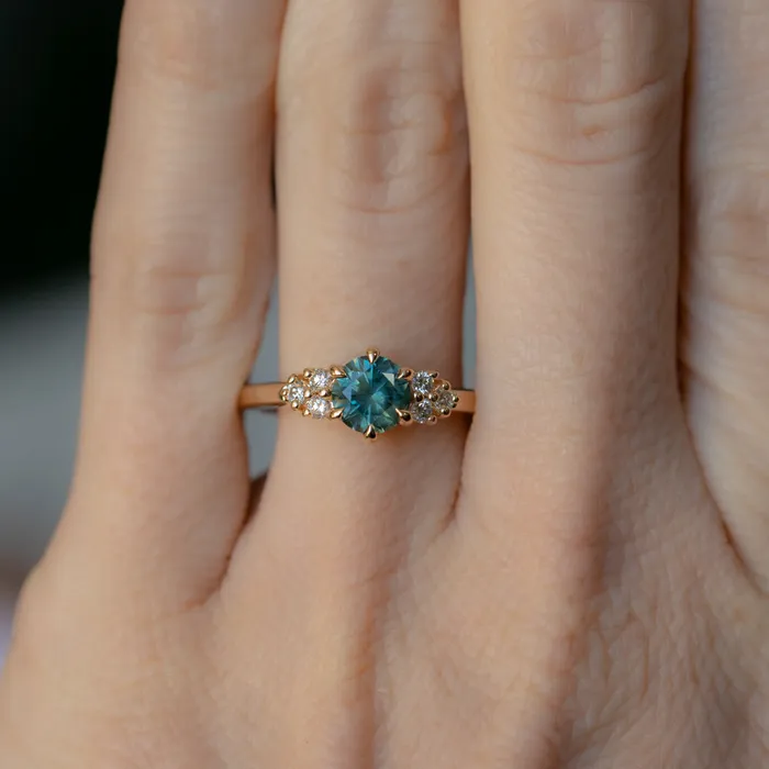 Anueva Jewelry Rings 087ct Round Teal Blue Montana Sapphire and Diamond Cluster Ring in 18k Yellow Gold
