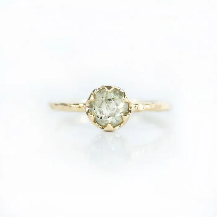Anueva Jewelry Rings 095ct Rosecut Green Grey Diamond 6Prong Low Profile Ring with Evergreen Textured Band in Yellow Gold