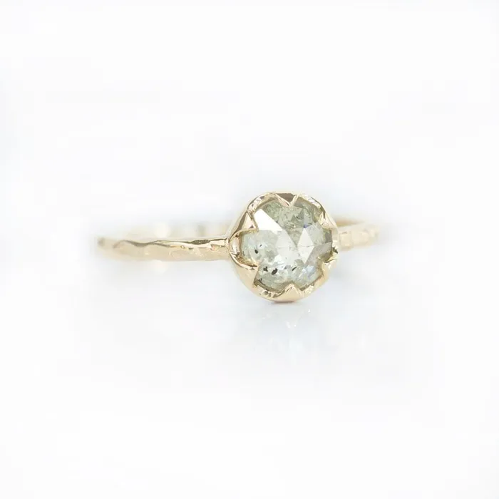 Anueva Jewelry Rings 095ct Rosecut Green Grey Diamond 6Prong Low Profile Ring with Evergreen Textured Band in Yellow Gold