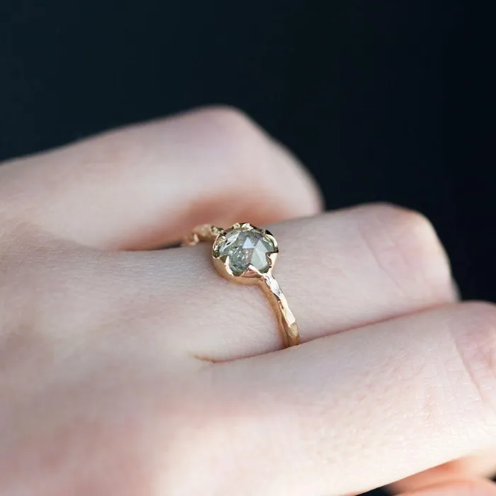 Anueva Jewelry Rings 095ct Rosecut Green Grey Diamond 6Prong Low Profile Ring with Evergreen Textured Band in Yellow Gold