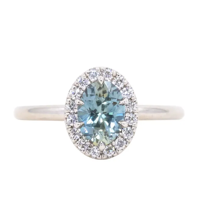 Anueva Jewelry Rings 108ct Oval Montana Sapphire Six Prong Halo Ring in 14k White Gold Anueva Jewelry Rings 108ct Oval Montana Sapphire Six Prong Halo Ring in 14k White Gold