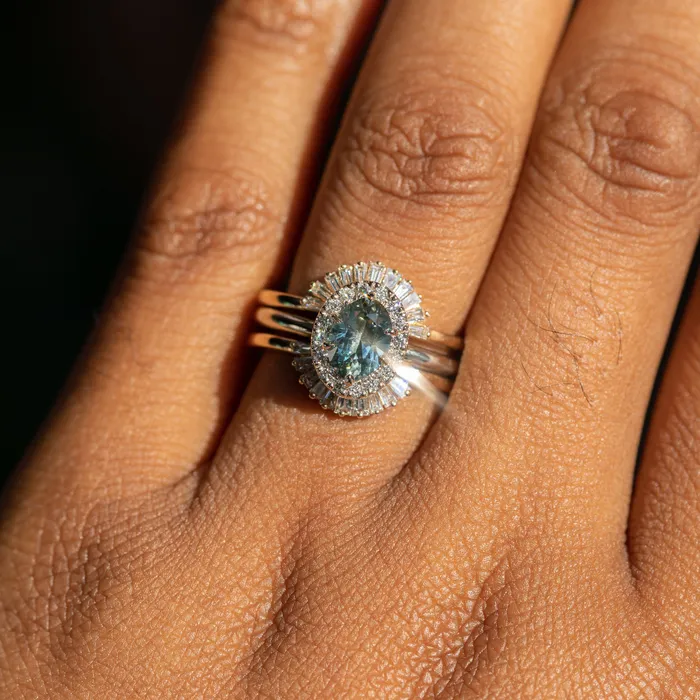 Anueva Jewelry Rings 108ct Oval Montana Sapphire Six Prong Halo Ring in 14k White Gold