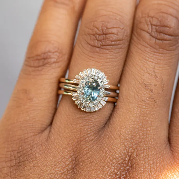 Anueva Jewelry Rings 108ct Oval Montana Sapphire Six Prong Halo Ring in 14k White Gold