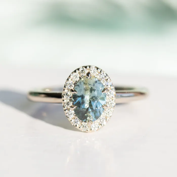 Anueva Jewelry Rings 108ct Oval Montana Sapphire Six Prong Halo Ring in 14k White Gold