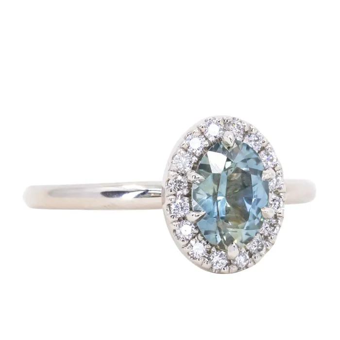 Anueva Jewelry Rings 108ct Oval Montana Sapphire Six Prong Halo Ring in 14k White Gold
