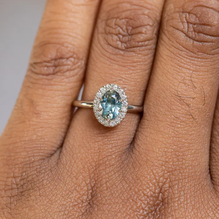 Anueva Jewelry Rings 108ct Oval Montana Sapphire Six Prong Halo Ring in 14k White Gold