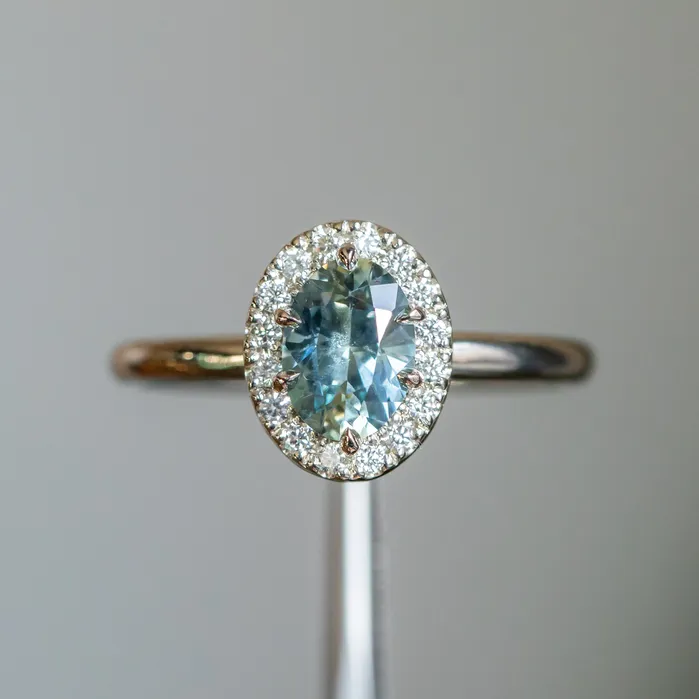 Anueva Jewelry Rings 108ct Oval Montana Sapphire Six Prong Halo Ring in 14k White Gold