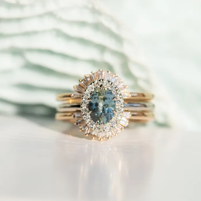 Anueva Jewelry Rings 108ct Oval Montana Sapphire Six Prong Halo Ring in 14k White Gold