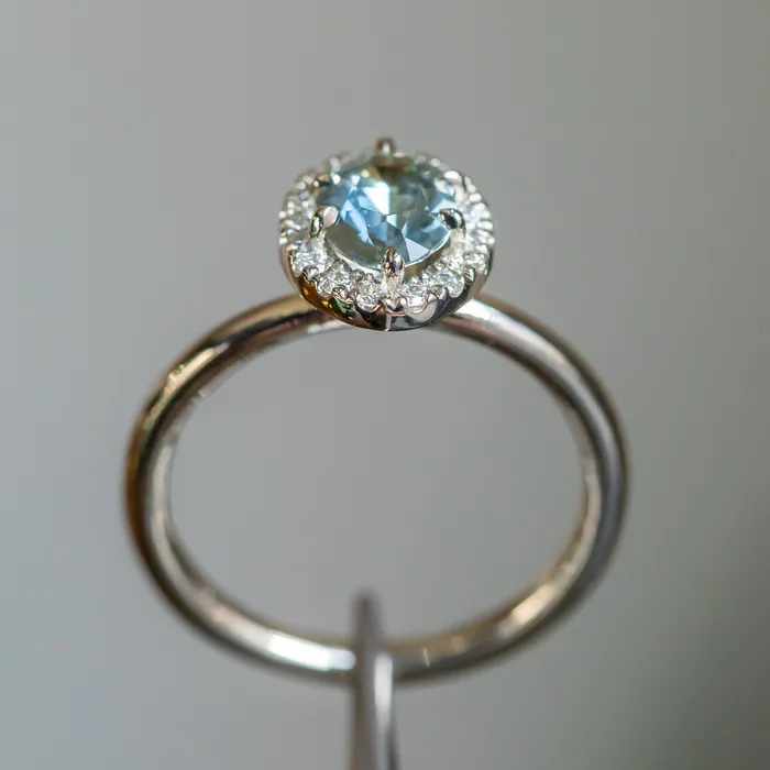 Anueva Jewelry Rings 108ct Oval Montana Sapphire Six Prong Halo Ring in 14k White Gold