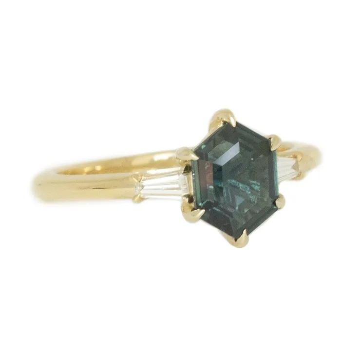 Anueva Jewelry Rings 151ct Elongated Hexagon Montana Sapphire And Tapered Baguette Diamond Ring in 14k Yellow Gold Anueva Jewelry Rings 151ct Elongated Hexagon Montana Sapphire And Tapered Baguette Diamond Ring in 14k Yellow Gold