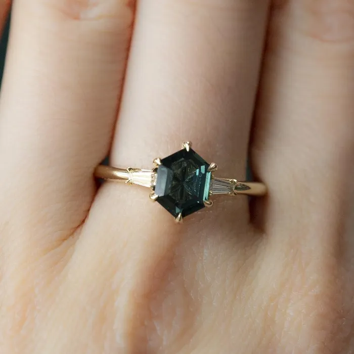 Anueva Jewelry Rings 151ct Elongated Hexagon Montana Sapphire And Tapered Baguette Diamond Ring in 14k Yellow Gold