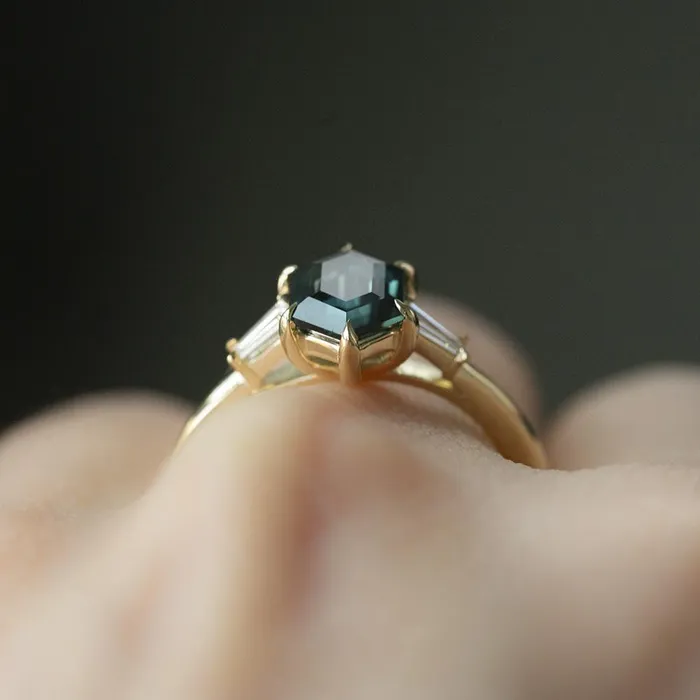Anueva Jewelry Rings 151ct Elongated Hexagon Montana Sapphire And Tapered Baguette Diamond Ring in 14k Yellow Gold