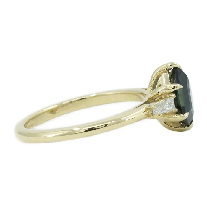 Anueva Jewelry Rings 151ct Elongated Hexagon Montana Sapphire And Tapered Baguette Diamond Ring in 14k Yellow Gold