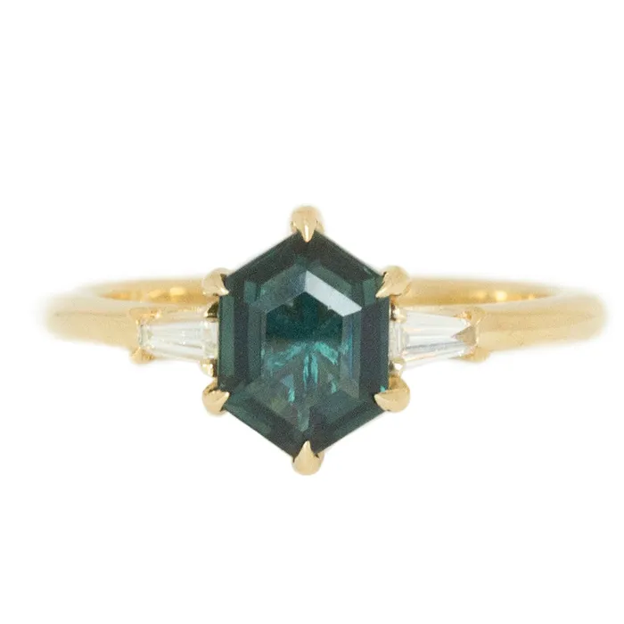 Anueva Jewelry Rings 151ct Elongated Hexagon Montana Sapphire And Tapered Baguette Diamond Ring in 14k Yellow Gold