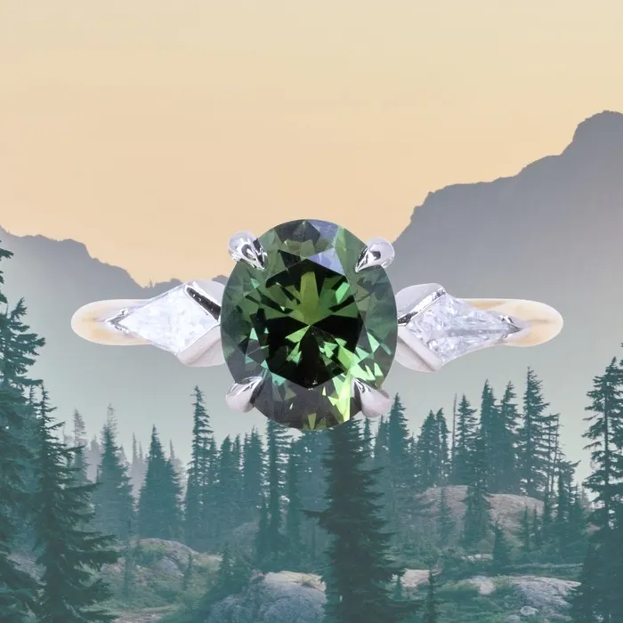 Anueva Jewelry Rings 215ct Oval Australian Sapphire and Natural Kite Diamond Three Stone Ring in Two Tone 18k Yellow and Platinum Anueva Jewelry Rings 215ct Oval Australian Sapphire and Natural Kite Diamond Three Stone Ring in Two Tone 18k Yellow and Platinum