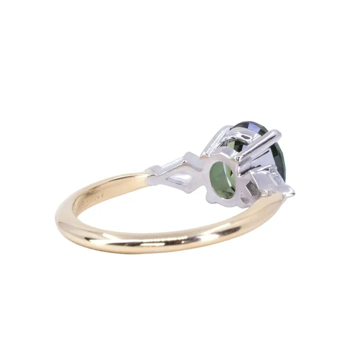 Anueva Jewelry Rings 215ct Oval Australian Sapphire and Natural Kite Diamond Three Stone Ring in Two Tone 18k Yellow and Platinum